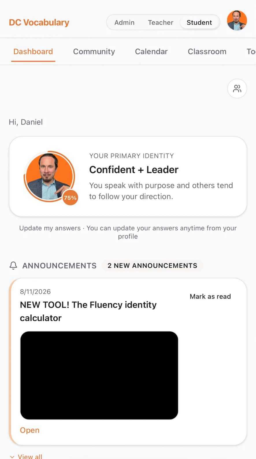 The DC Fluency student dashboard showing a primary Fluency Identity of Confident + Leader.
